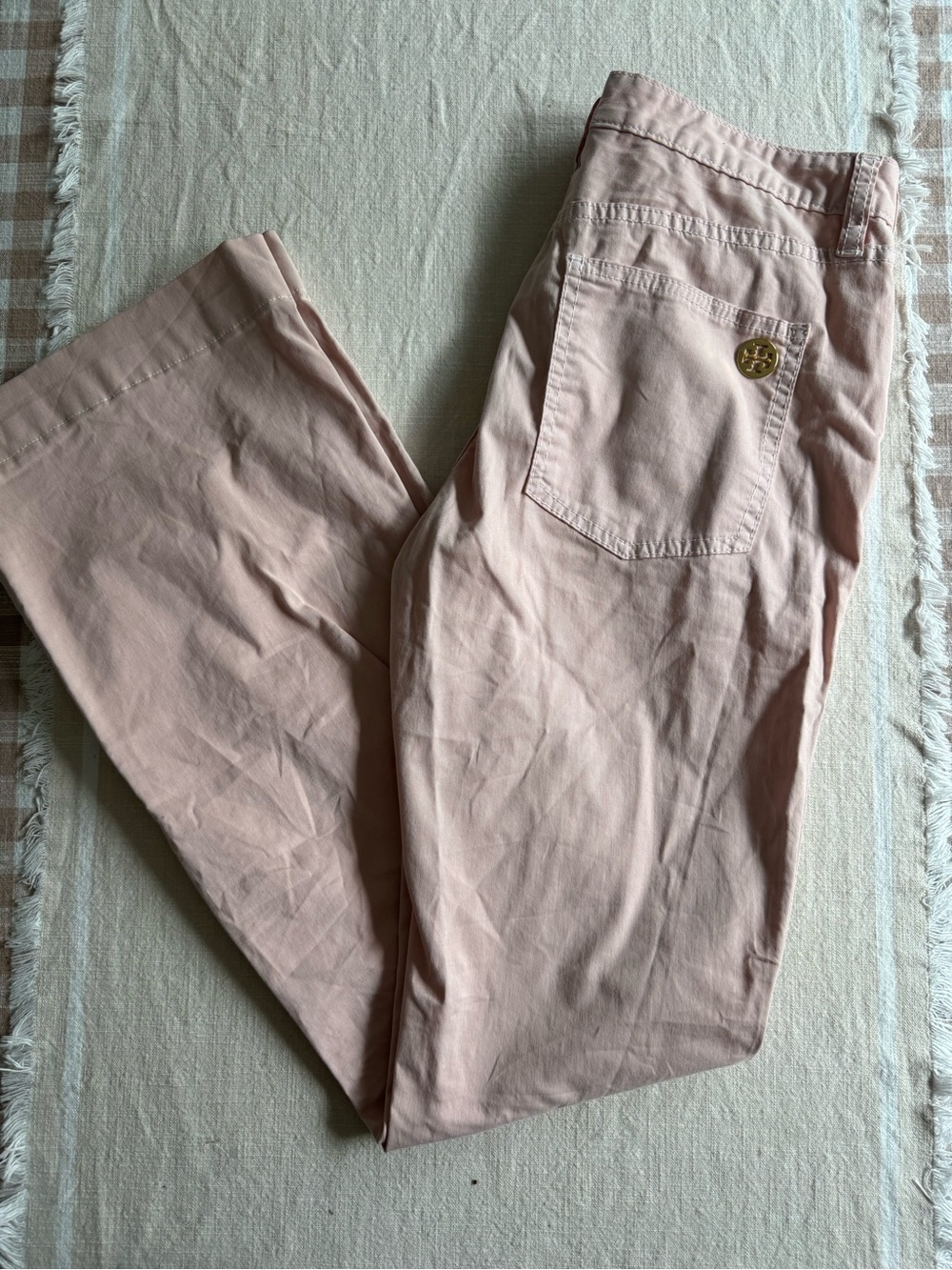 Tory Burch Blush Straight-Leg Jeans with Gold Logo Button